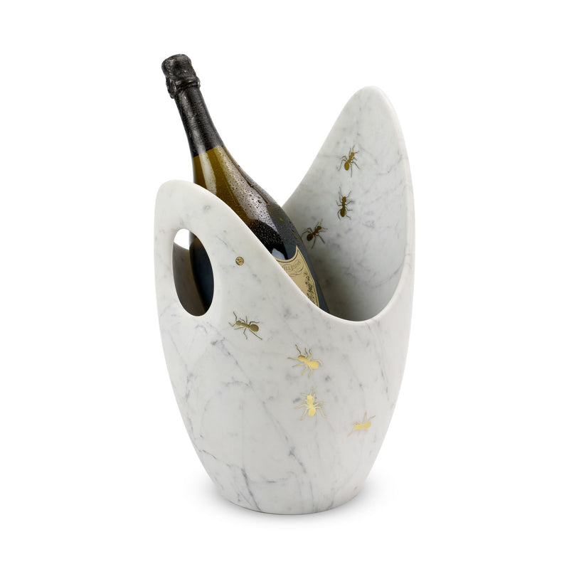Champagne bucket in Carrara marble with brass inlay